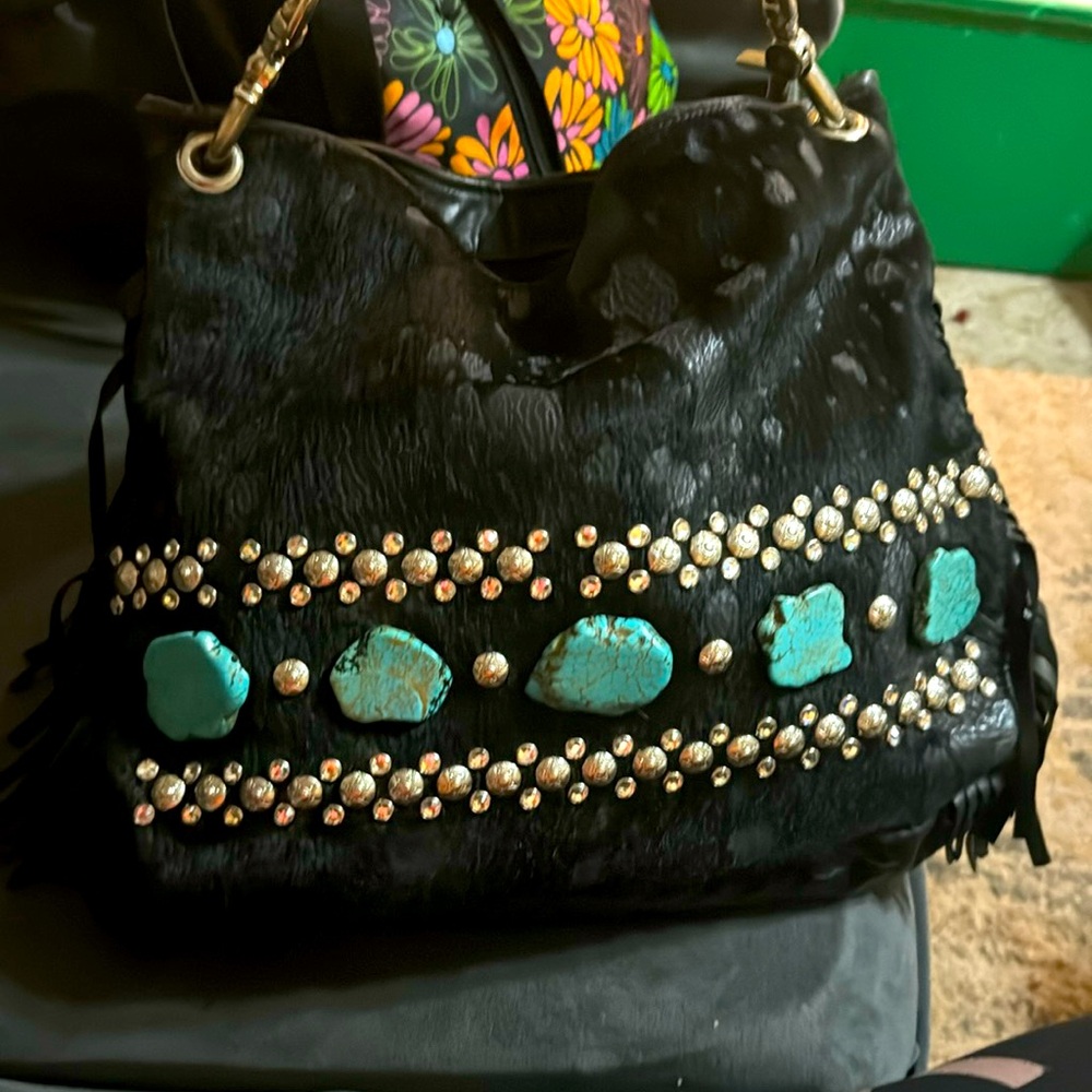 Kurtmen design handbag genuine cowhide leather studded with turquoise and fringe